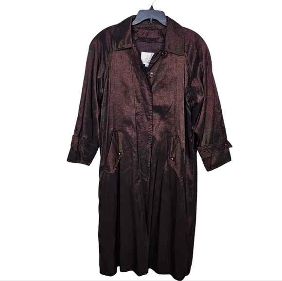 Vintage Shimmer Iridescent Long Button Down Trench Floral Coat - Picture 2 of 9